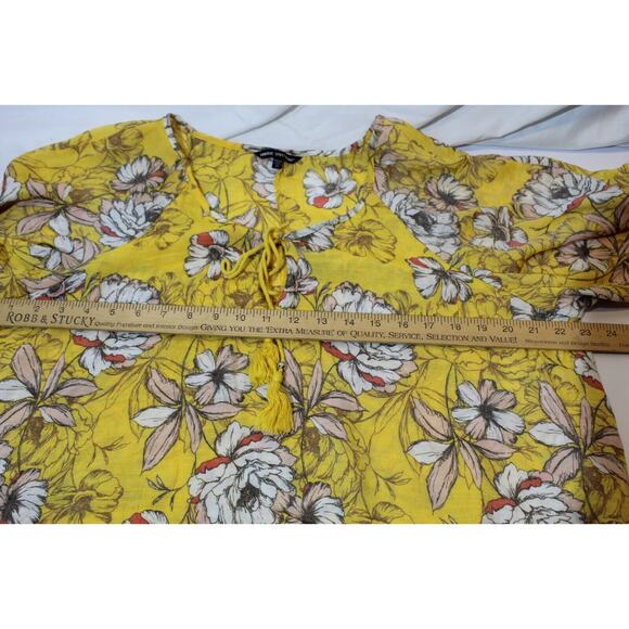 Unique Spectrum Yellow Floral Flare S/S Top Women's 2X Tassels Lace Hem Pullover - Picture 11 of 14